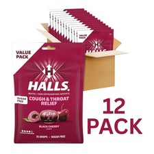 HALLS Sugar Free Black Cherry Cough Drops 12 Bags 840ct Throat Relief Lozenges picture
