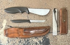 Vintage Gerber Pixie And Flayer Knife Set With Damaged Sheath And 5” Honesteel picture