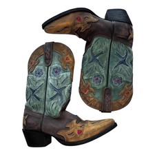 Dan Post Youth 3.5 M Cowboy Boots DPC-3151 Embroidered Leather Teal Brown picture