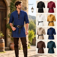 Men's Medieval Tunic Shirt Lace Up Long Sleeve Renaissance Costume Top Belt picture