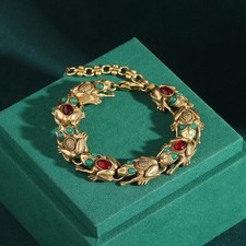 Vintage Charm Bracelet Adjustable Frog Natural Stone Eye 18k Gold Plated Elegant picture