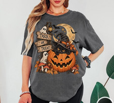 Vintage Halloween Black Cat Witch Shirt, Retro Trick or Treat Pumpkin picture