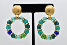 Givenchy Vintage Aqua Teal Green Beaded Gold Hoop Dangle Earrings Signed BinAK picture