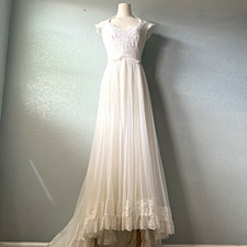 Vintage Alfred Angelo White Lace Wedding Dress Pleated Chiffon Train Bridal S picture