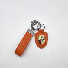 NEW - Custom Porsche Car Crest Emblem Orange Leather Key Chain Key Ring Holder picture