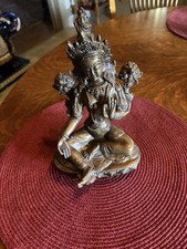 Antique 19th Century Bronze Green Tara Statue Tibetan Buddhism 8 1/2'' picture