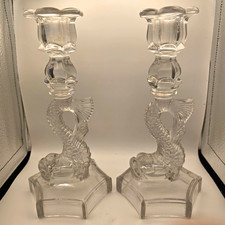 Antique Boston & Sandwich Glass Dolphin Candlesticks Pair Hex Base 9.25