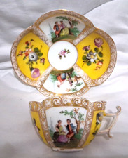 Antique Dresden Quatrefoil Demitasse Cup Saucer Courting Couple Floral Yellow picture