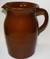 Antique Large Glazed Brown Stoneware PITCHER JUG w Handle Cheever Meaders ? picture