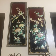 Vintage Chinese Lacquer Wall Panels Pair, Mother-of-Pearl Inlay Birds & 💐 picture