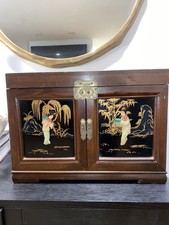 Atq. Beautiful Asian Chinese Chinoiseries Jade, Wood, Lacquer Jewelry  Music Box picture