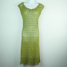 Vintage Handmade Crochet Midi Dress Moss Green Open Knit Beachy Boho 70s XS S picture