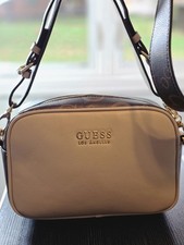 GUESS Los Angeles Camera Crossbody Bag Cream Beige Brown Monogram Logo w/ Strap picture