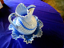 Vintage Fenton Almost Heaven Blue Slag Hobnail Pitcher & Bowl picture