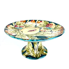 Vintage Italian Majolica Cake Stand Footed Hand Painted Ceramic Pedestal Plate picture