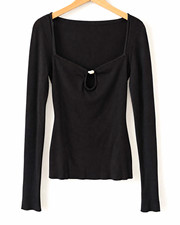 A16. H&M Black Knit Square Neck Long Sleeve Top Pearl Accent CL picture