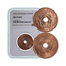 RHODESIA. 1962, Penny - NGC MS65 - Queen Elizabeth II, Nyasaland, Elephants picture