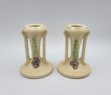 Roseville LA Rose Flowers Cream Candle Sticks Art Deco Art Pottery Vintage 4.25