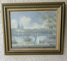 Vintage DuBois Oil Painting Lady by Lake Sailboats French Provincial Frame 22x26 picture