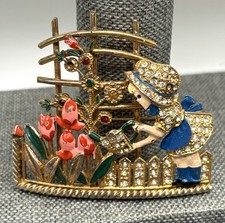 VTG Mistress Mary Enamel Rhinestone Girl Watering Flowers Pot Metal Pin Brooch picture