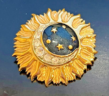 Gold Tone Clestial Brooch, Rhinestone Moon, Starry Night picture