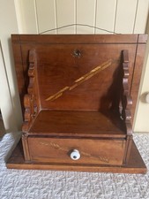 Antique VTG Wood Wall Hanging Shelf w/ Drawer Ornate Scrolls & Inlaid Marquetry picture