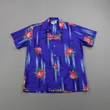 Vintage Hilo Hattie Shirt Mens Large Blue Floral Hawaiian Aloha Lightweight 70s picture