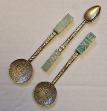 3 Vintage Mexican Silver and Carved Mayan Aztec Green Onyx Totem Spoons picture