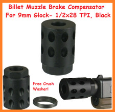  Billet Muzzle Brake Compensator For 9mm Glock- 1/2x28 TPI, Black picture