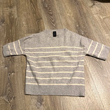 Zara Cashmere Gray/White Striped Crewneck 3/4 Sleeve Knit Sweater S picture