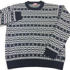 $640 KENZO Logo Jacquard Black Crewneck Wool Jumper Sweater Men's Size Large picture