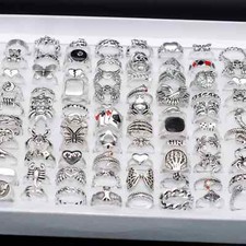 Wholesale 100 Antique Silver Mixed Vintage Rings Bulk Metal Gothic Jewelry Lots picture