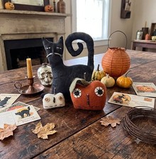 Primitive Fall Halloween Handcrafted 3pc Tom Cat with Jack O lanterns Shelf Sitt picture