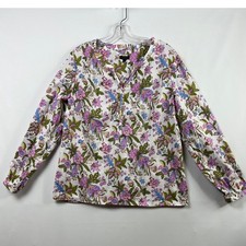 Talbots Floral Blouse Womens Size M White Pink Cotton Long Sleeve Button Top picture