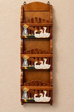 Vtg Wooden Goose 3 Tier Mail Organizer Key Hook Geese Tulip Girl Country FolkArt picture