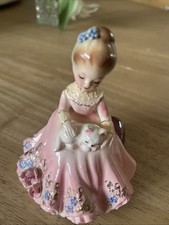 Vintage Josef Originals Lady Sitting On Bench With Kitten picture