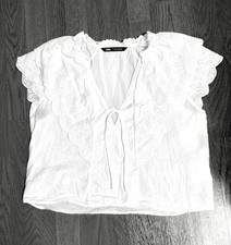 Zara Woman White Embroidered Lace Blouse Shirt V-Neck Eyelet Short Sleeve~Size L picture