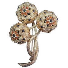 Rare Vintage Flower Buds Brooch 1960s Goldtone Orange and Black Rhinestones picture