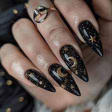 48P Long Almond Press on Nails, Black Gold Glitter Moon Star Fake Nails picture