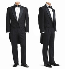 Men's Black Tuxedo Tailcoat 100% Wool with Satin Peak Lapels Full Dress Formal picture