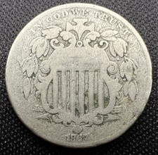 1867 Shield Nickel No Rays RPD Repunched Date VG+ Sharp Scarce 5c picture
