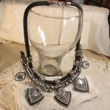 Boho Y2K Tribal Statement Necklace Black and Silver-Tone Teardrop Rhinestone picture
