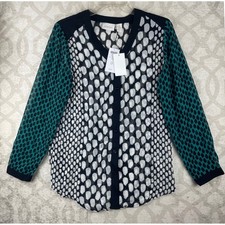 Chico's Blocked Dots Kit Women 0 Small Teal Black White Button Front Blouse NEW picture