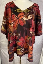 Chico's Floral Poncho Blouse Top L/XL Burgundy Orange Fall Warm Weather V-Neck picture