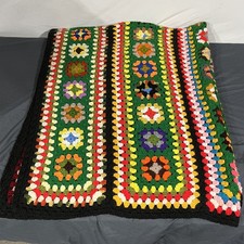 Vintage Handmade Crochet Granny Square Afghan Blanket Multi-Color Black 64x46 picture
