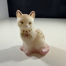 Vintage Fenton Glass White/Pink Satin Glass Sitting Cat Figure- Signed By Artist picture