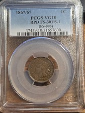 1867/67 Indian Head One Cent 1c Penny PCGS VG10 VG 10 FS-301 Snow 1 picture