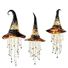 Lighted Witch Hat Hanging Chime, Glowing Star Tassel Witch Hat Decorations (3PC) picture