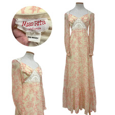 Vintage 1970s Miss Rita Pink Floral Lace Bib Cottagecore Maxi Dress picture