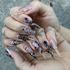 Long Stiletto Press on Nails Black Fake Nails with Silver Design Ombre Nail picture